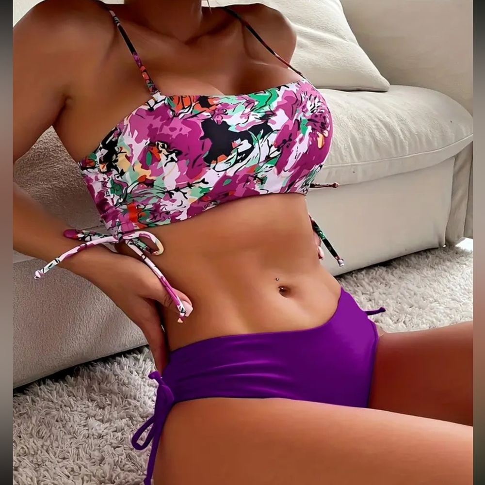 Purple and Pink Floral Bikini Set with side ties NEW size small